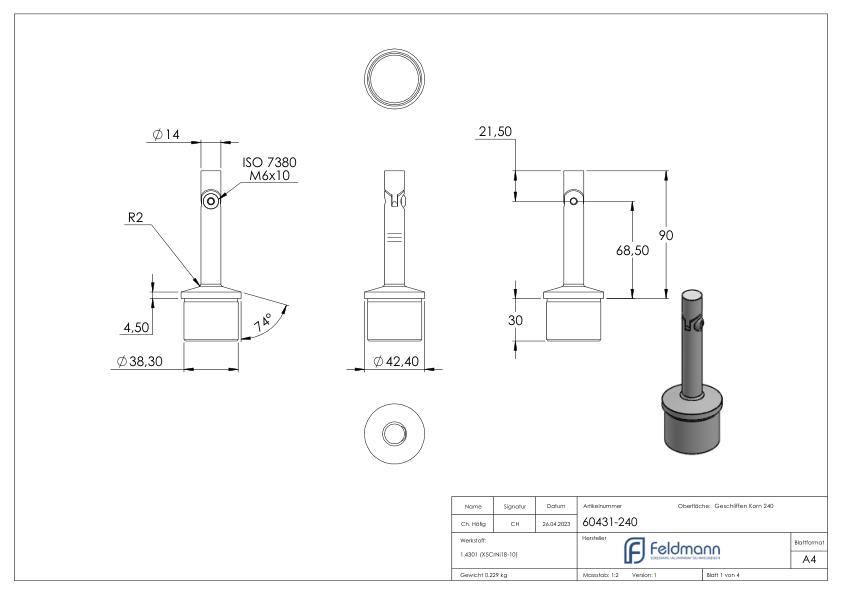 Rohrabschlussstopfen mit Gelenkstift für Rohr 42,4x2,0mm, V2A