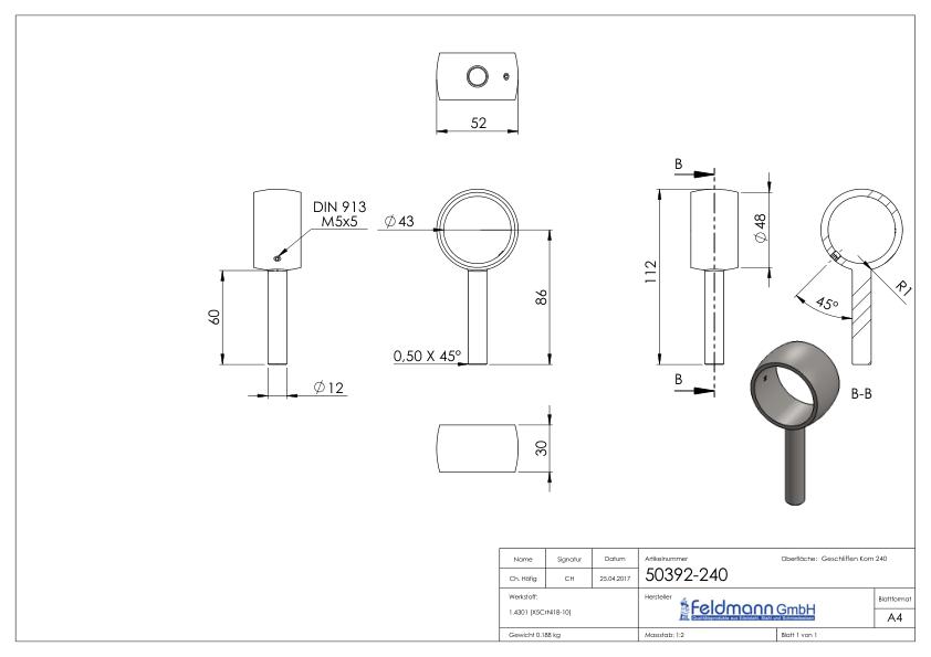 Handlaufhalterring für Rohr 42,4mm, V2A