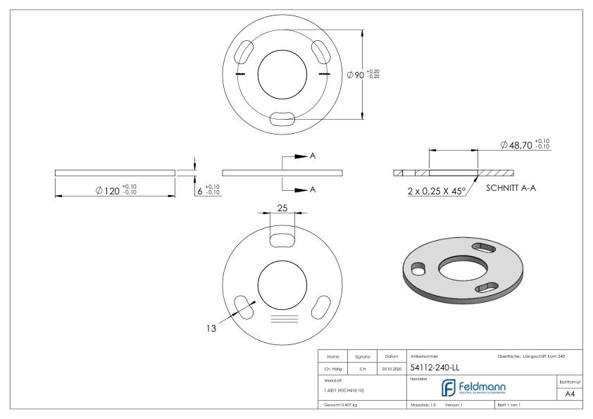 Ankerplatte Ø 120x6mm, mit Längsschliff, V2A