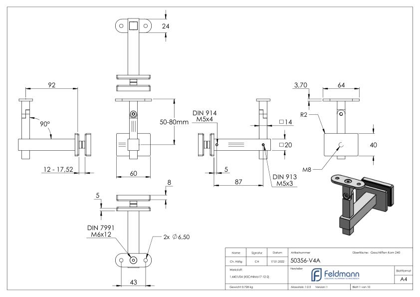 Handlaufhalter eckig mit gerader Handlaufanschlussplatte, V4A