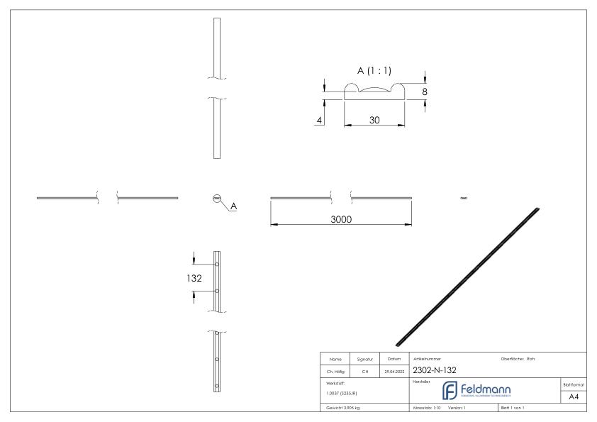 Hespeneisen S235JR; 30x8x4mm; Länge 3000mm