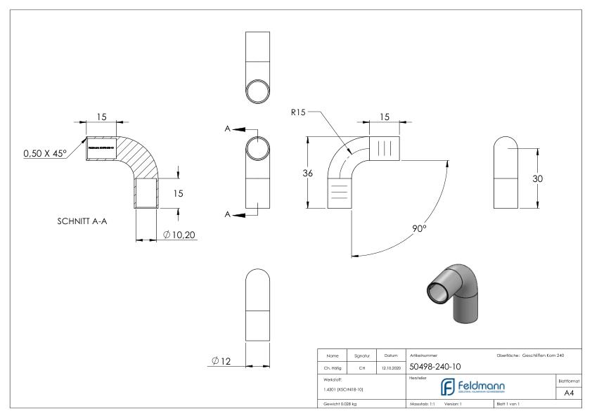 Rundstabverbinder für Ø 10mm, 90°, V2A