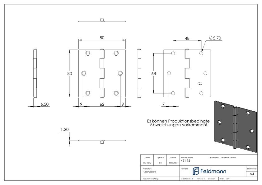 Scharnier 80x80mm mit festem Zapfen