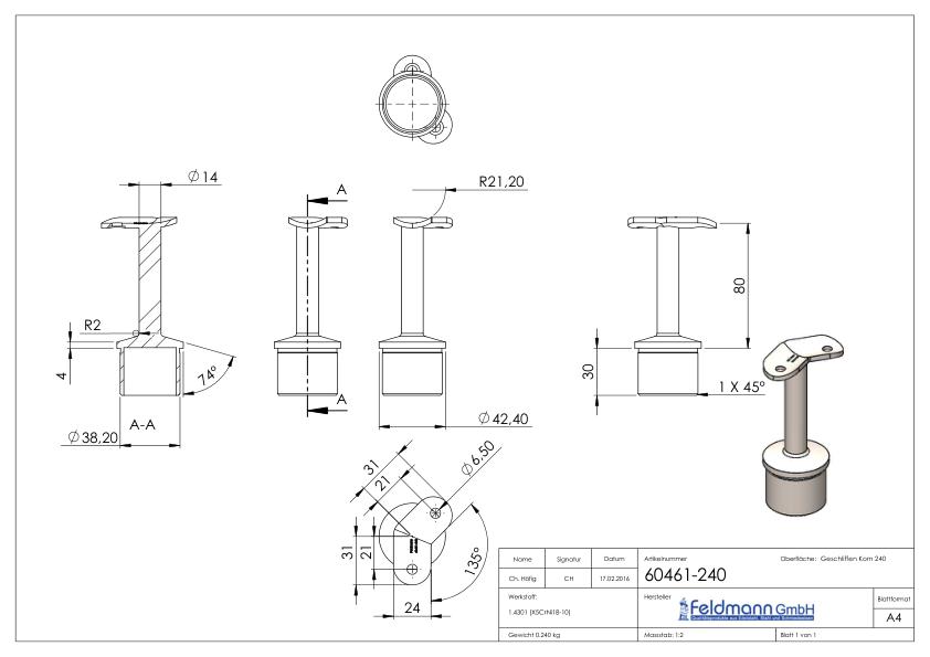 Rohrabschlussstopfen für Rohr 42,4x2,0mm, Handlaufanschlussplatte 135°, V2A