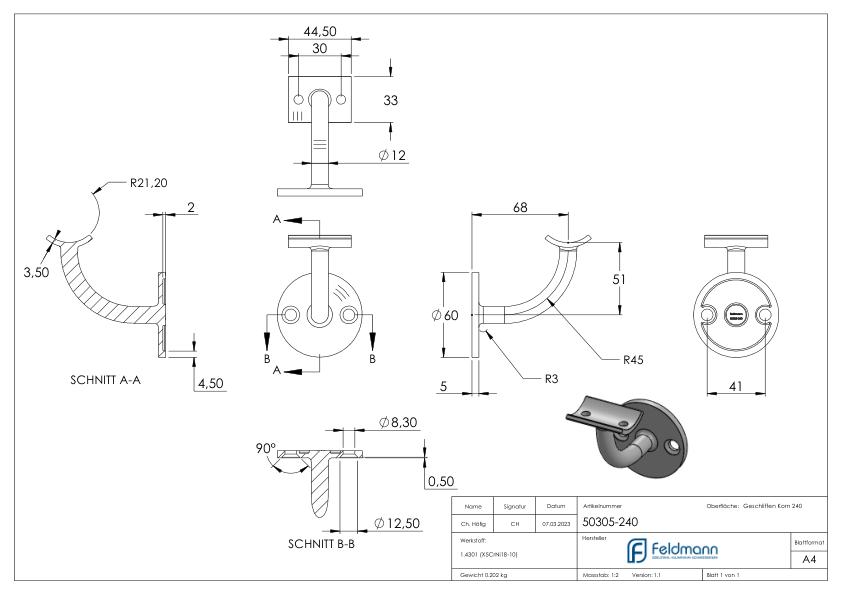 Handlaufhalter mit Handlaufanschlussplatte 42,4mm, (Ronde und Bügel verschweißt), V2A
