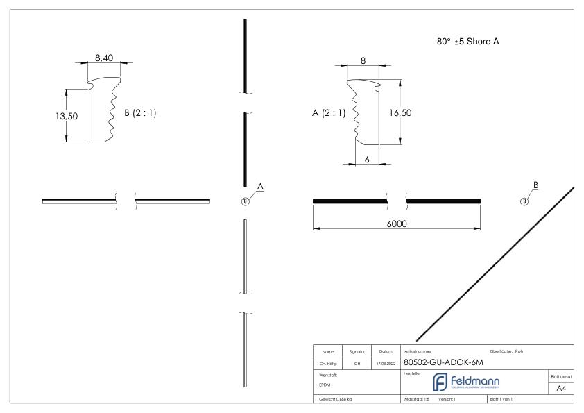 Abschlussdichtung oben, EPDM 80 shore, Länge 6m, schwarz