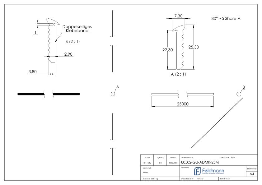 Abschlussdichtung oben, EPDM 80 shore, Länge 25m, schwarz