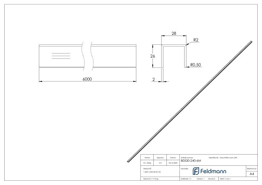 Edelstahl-U-Profil, 28x26x2mm, L: 6000mm, V2A