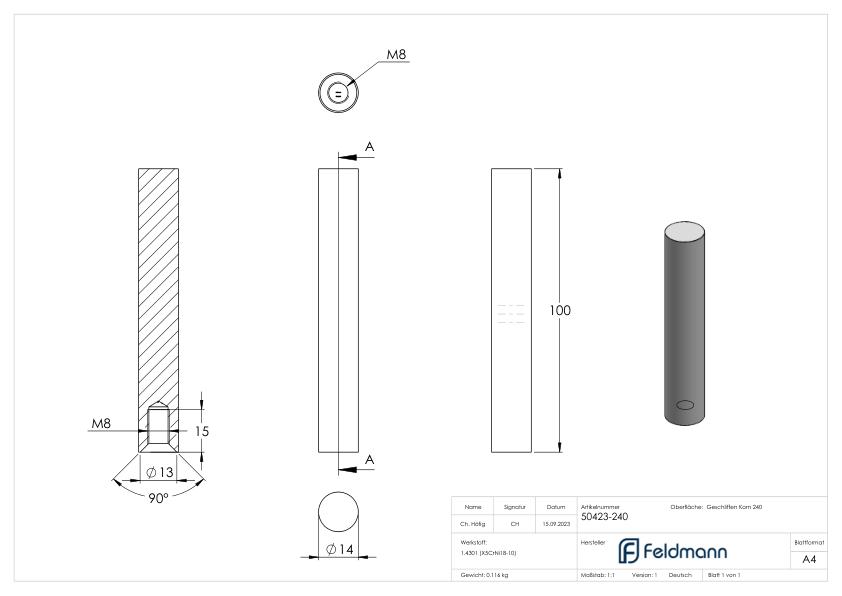 Stift Ø 14mm, L: 100mm, V2A