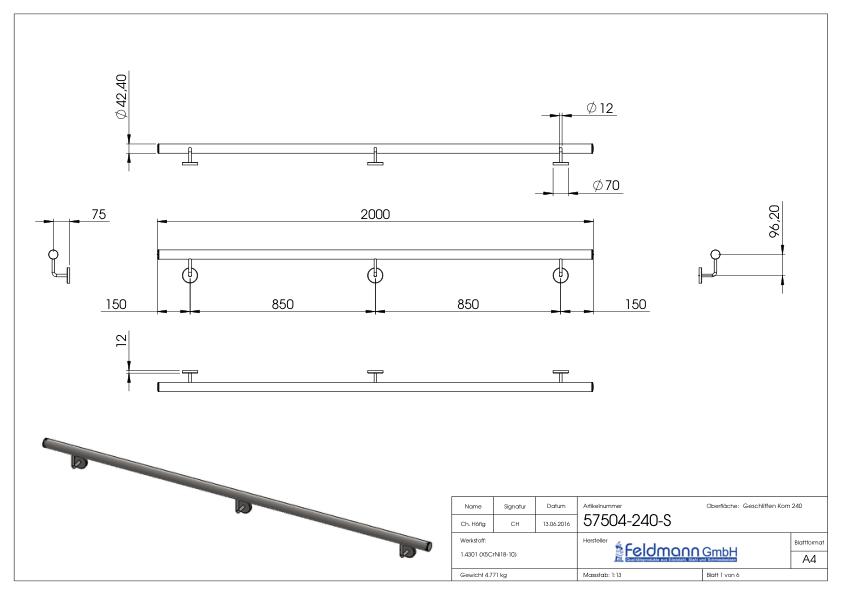 Handlauf, montagefertig, L: 2000mm, V2A