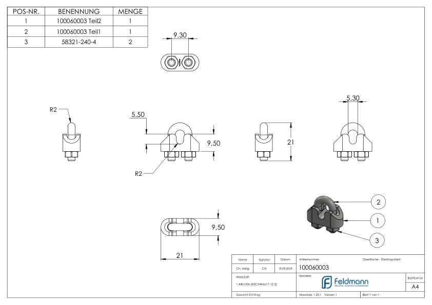 Drahtseilklemmen für Seil 3mm, V4A