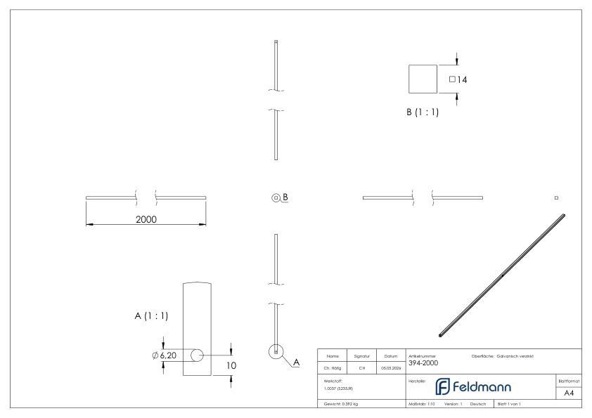 Tortreibriegelstange 14x14mm, L: 2000mm, verzinkt