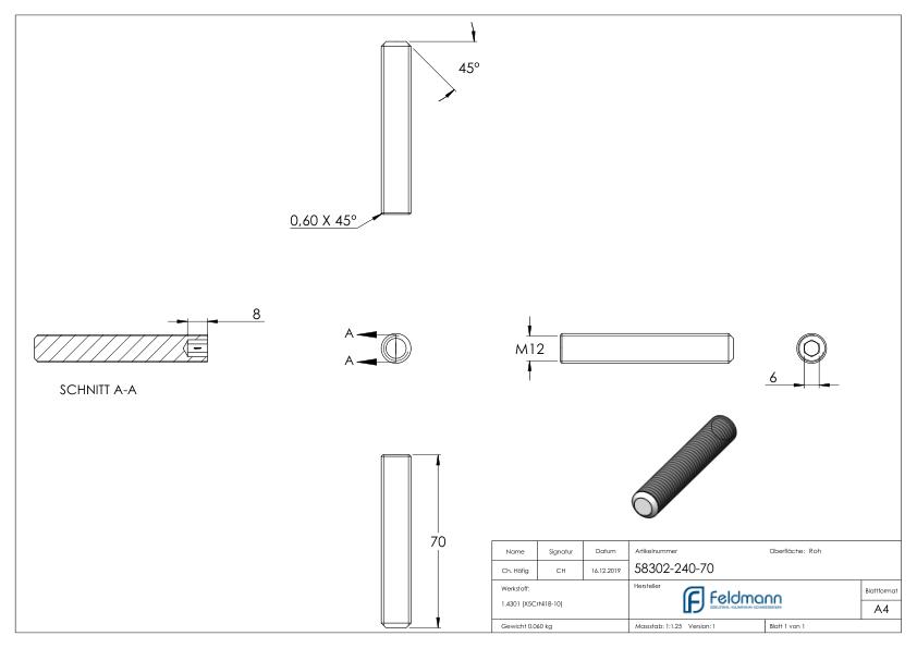 Gewindestift M12x70, V2A, DIN 913 / ISO 4026