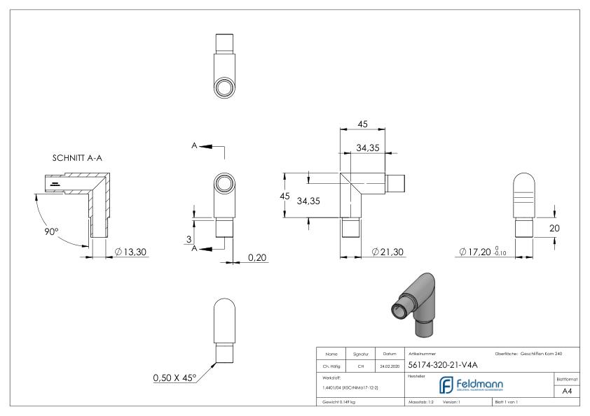 Eckstück 90°, für Rohr 21,3x2,0mm, V4A