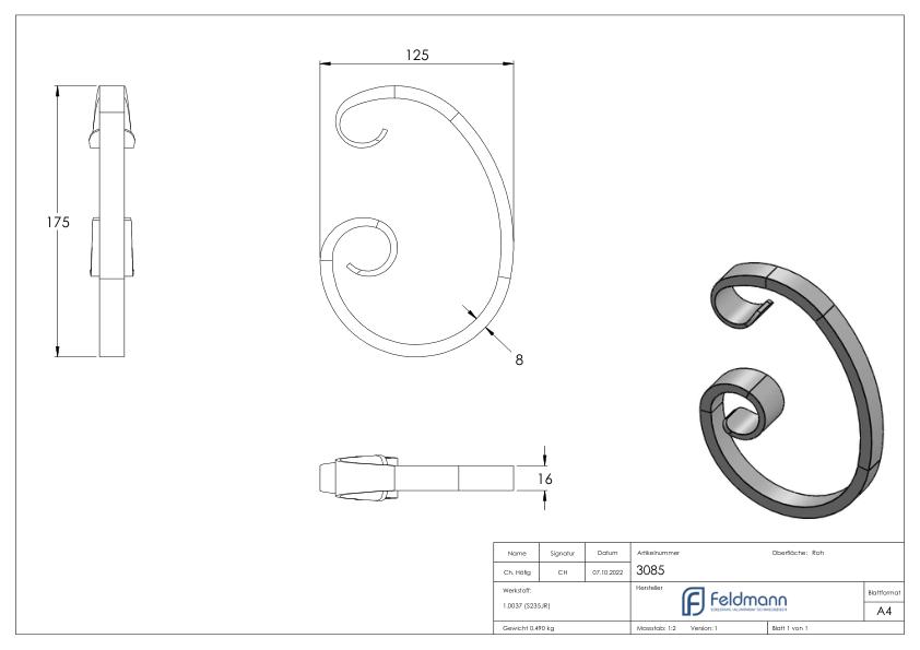 C-Schnecke 16x8mm, 175x125mm, einseitig