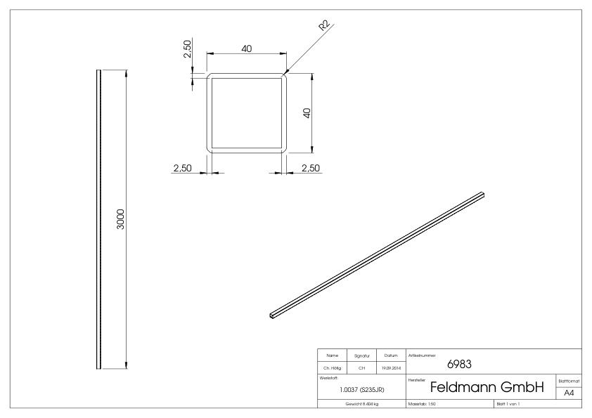 Quadratrohr 40x40x2,5mm, L: 3000mm, gehämmert