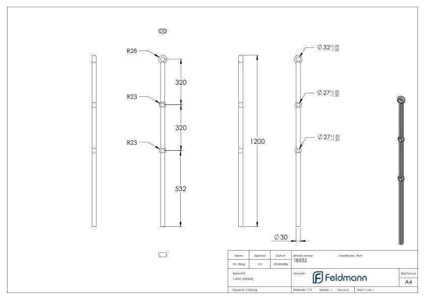 Pfosten aus 30mm rund, H: 1200mm, 3x gelocht