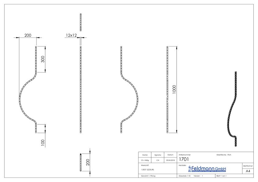 Korbgitterstab 12x12mm, gehämmert, H: 1000mm