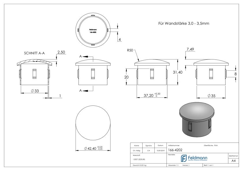 Stahleinschlagkappe, für Rohr 42,4mm,