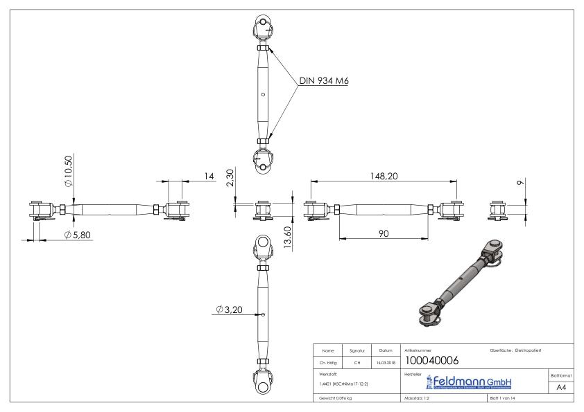 Wantenspanner Gabel/Gabel mit Gewinde M6, V4A