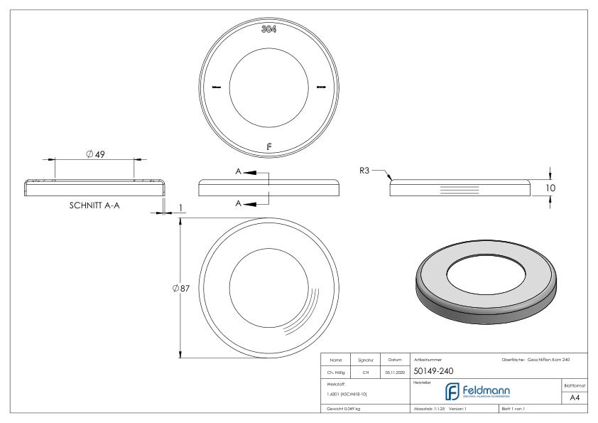 Abdeckrosette, 87x10mm, Bohrung 49mm, V2A