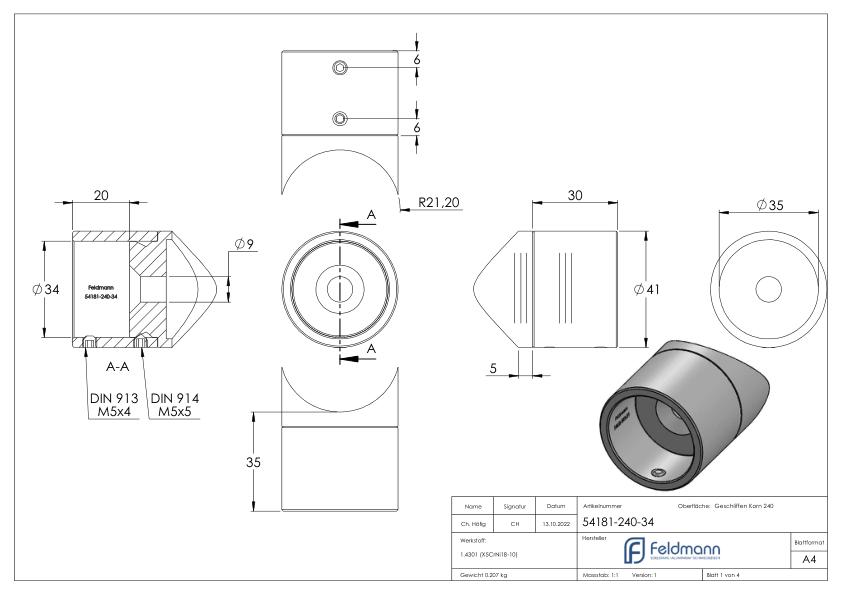 Befestigung für Rohr 33,7mm an 42,4mm, V2A