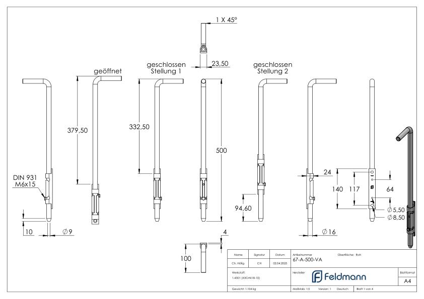 Torriegel zum Anschrauben, L: 500mm, V2A