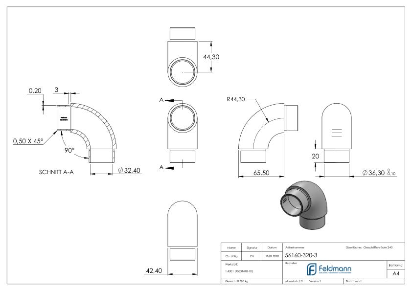 Rohrbogen 90°, für Rohr 42,4x3mm, V2A