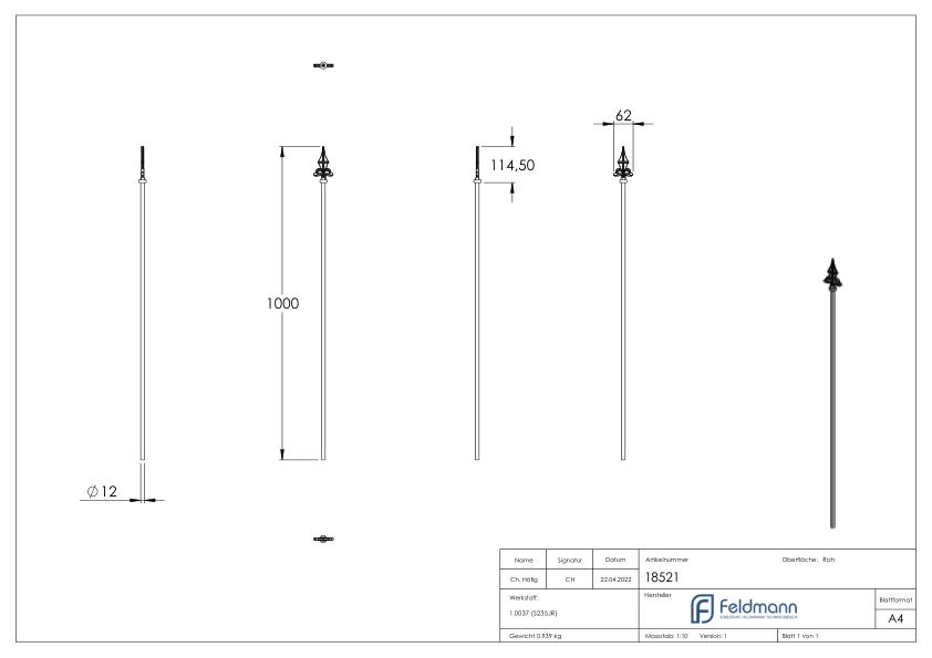 Zaunstab Ø 12mm, H: 1000mm, Spitze 124-1