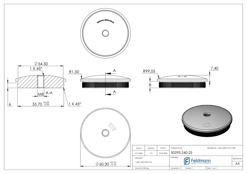 Rohrabschlussstopfen, für Rohr 60,3x2,5mm, V2A