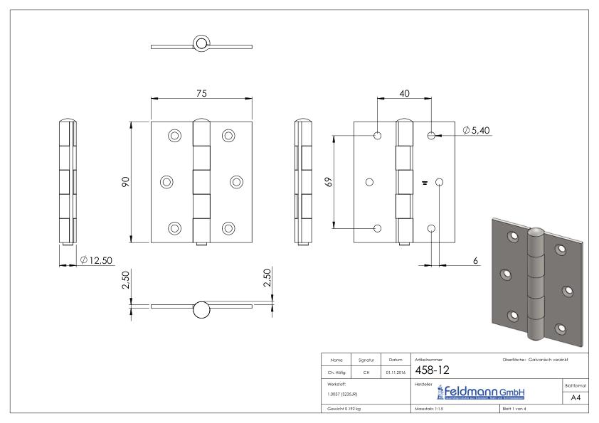 Scharnier 90x75mm mit herausnehmbaren Zapfen