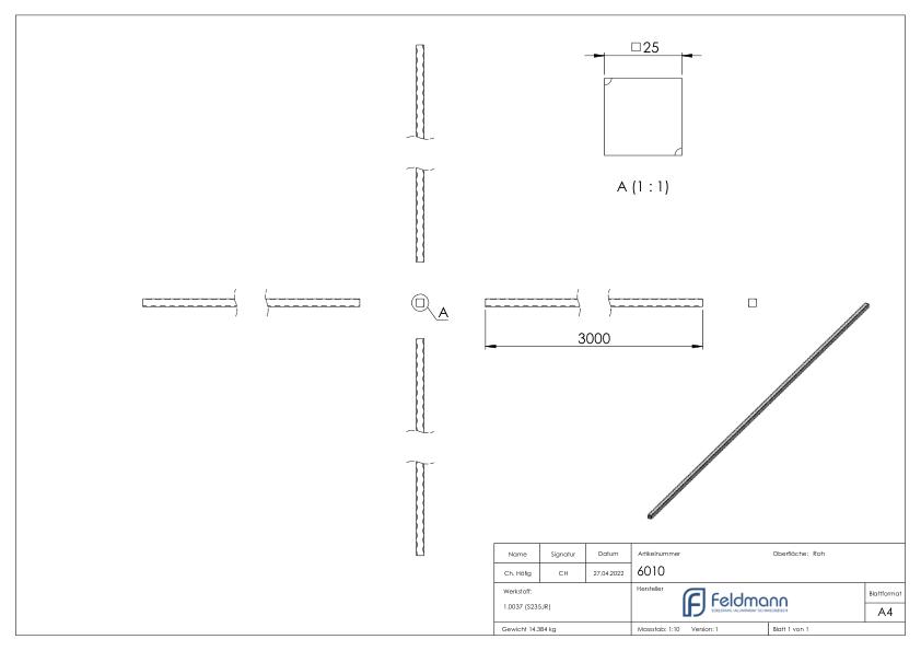 Vierkant S235JR, 25x25mm, L: 3000mm