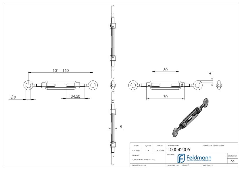 Spannschloss Öse / Öse mit Gewinde M5, V4A Spannschloss Öse / Öse mit Gewinde M5, V4A
