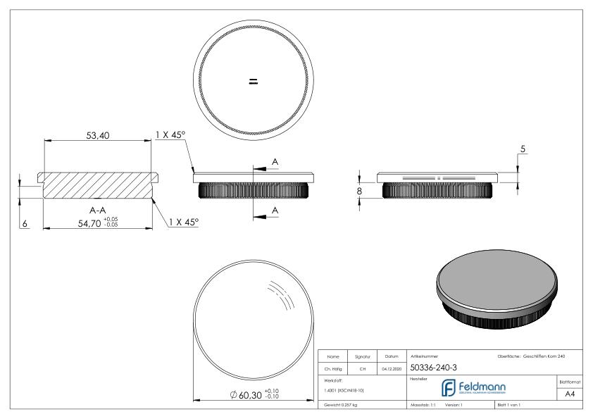 Rohrabschlussstopfen, für Rohr 60,3x3,0mm, V2A