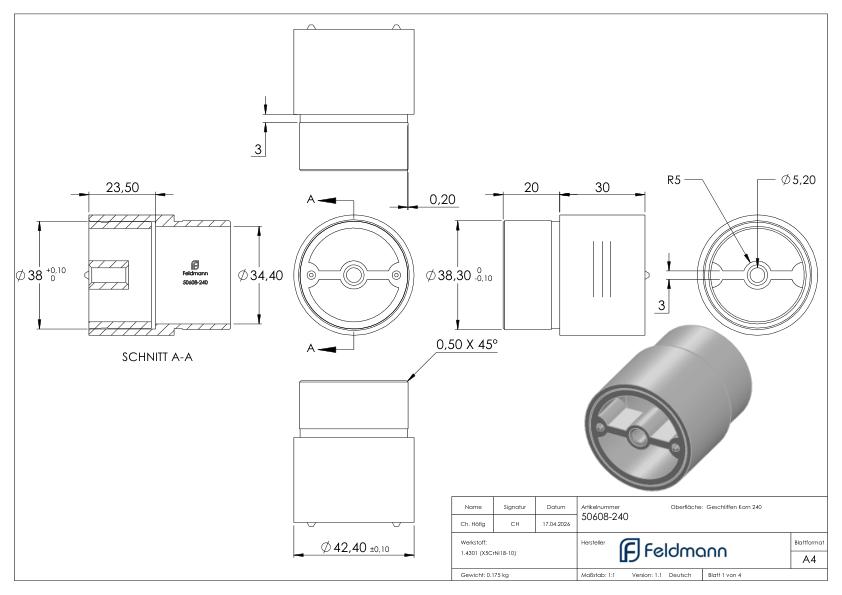 Verbinder für 42,4mm Holzhandlauf, V2A