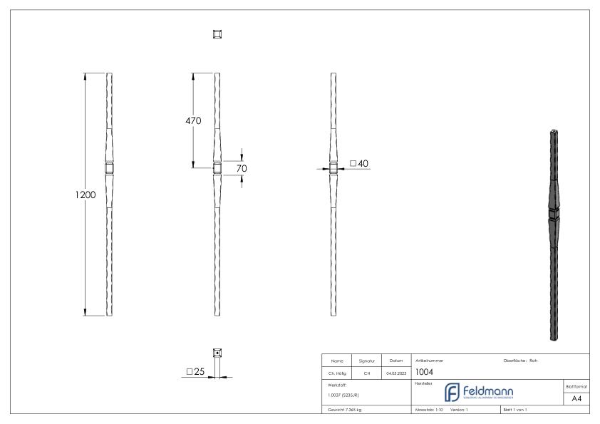 Anfangsstab 25x25mm, H: 1200m