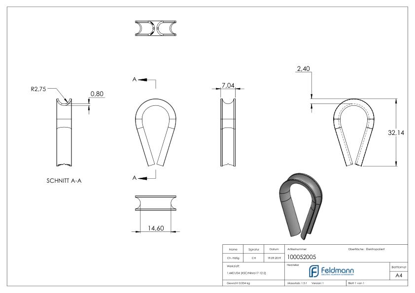 Kausche für Seil 5mm, V4A Kausche für Seil 5mm, V4A