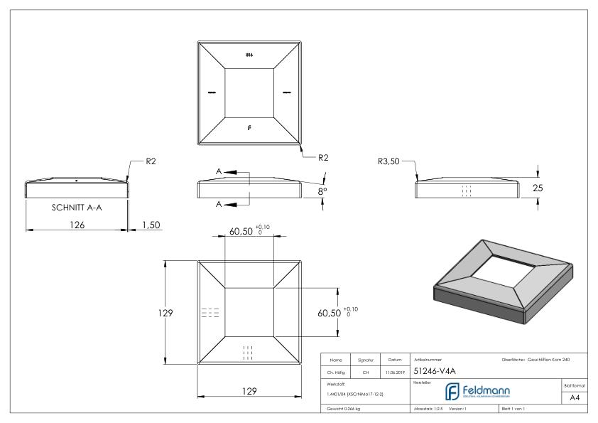 Abdeckrosette, 129x129x25mm für 60x60mm, V4A