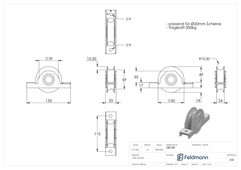 Schiebetorrolle mit Rundrille, Ø 80mm, für Schiene Ø 20mm, 2 Kugellager, verzinkt
