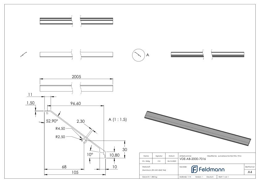 Design-Abdeckung für eleganza canopy, L: 2,005m, RAL 7016