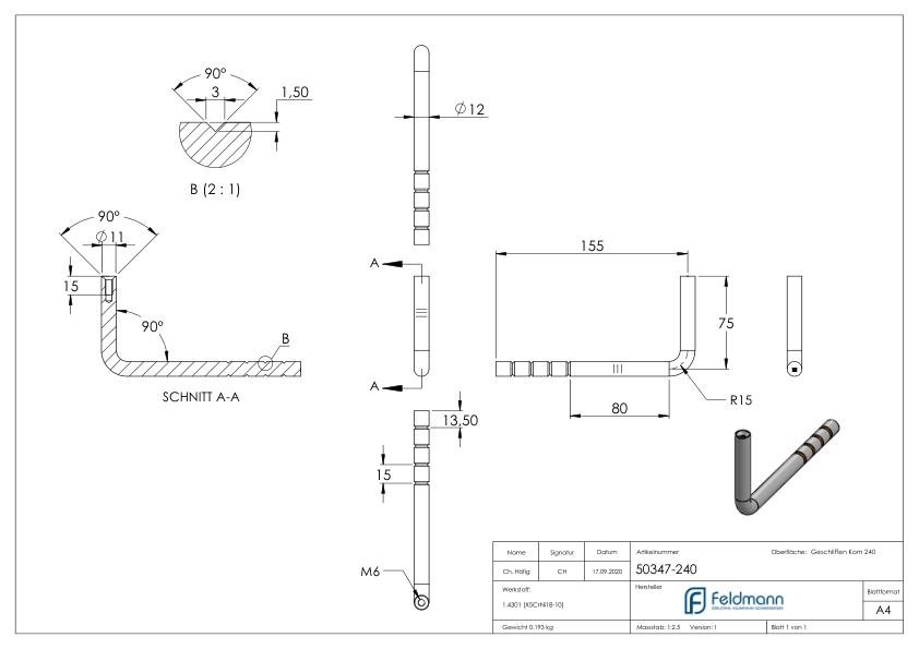 Handlaufhalter zum Einbetonieren, Bügel 12mm, V2A