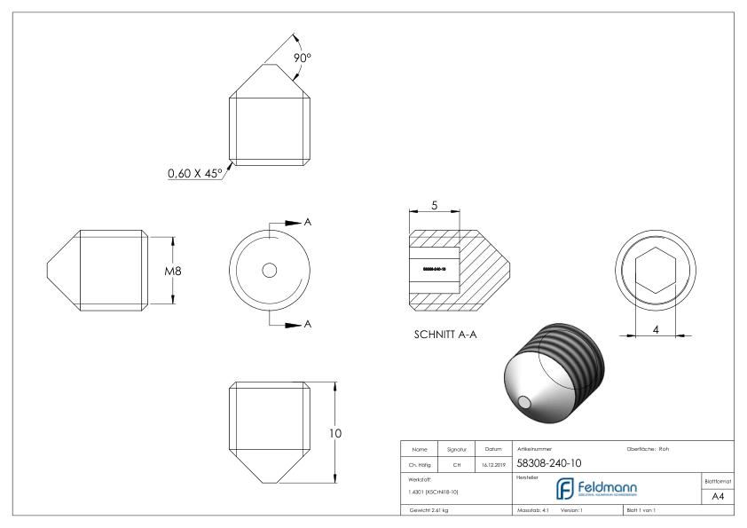 Gewindestift M8x10, V2A, DIN 914 / ISO 4027 Gewindestift M8x10, V2A, DIN 914 / ISO 4027