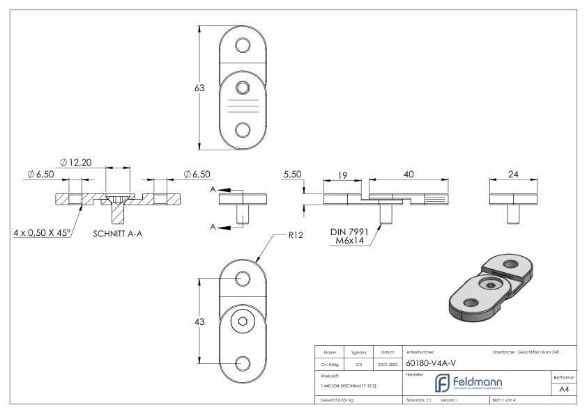 Handlaufanschlussplatte verstellbar, flach, V4A