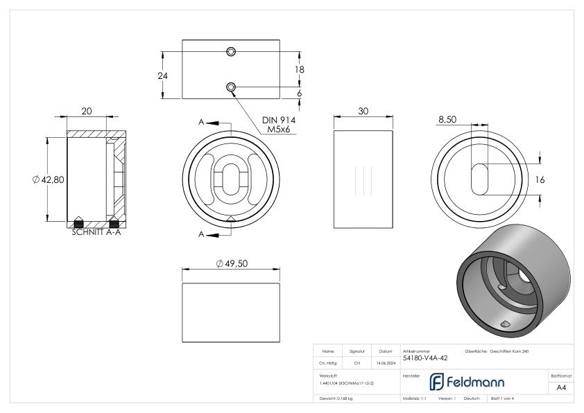 Wandbefestigung für Rohr 42,4mm, V4A