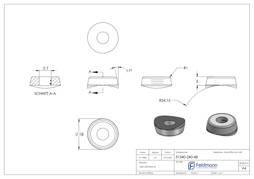 Ausgleichsstück für Rohr 48,3mm, Ø 18mm, mit Bohrung 7mm, V2A