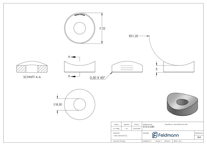 Ausgleichsstück (ohne Senkung) für Rohr 42,4mm, Ø 22mm, V2A