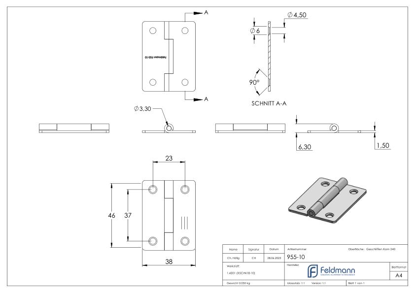 Edelstahl-Scharnier 50x38mm mit festem Zapfen