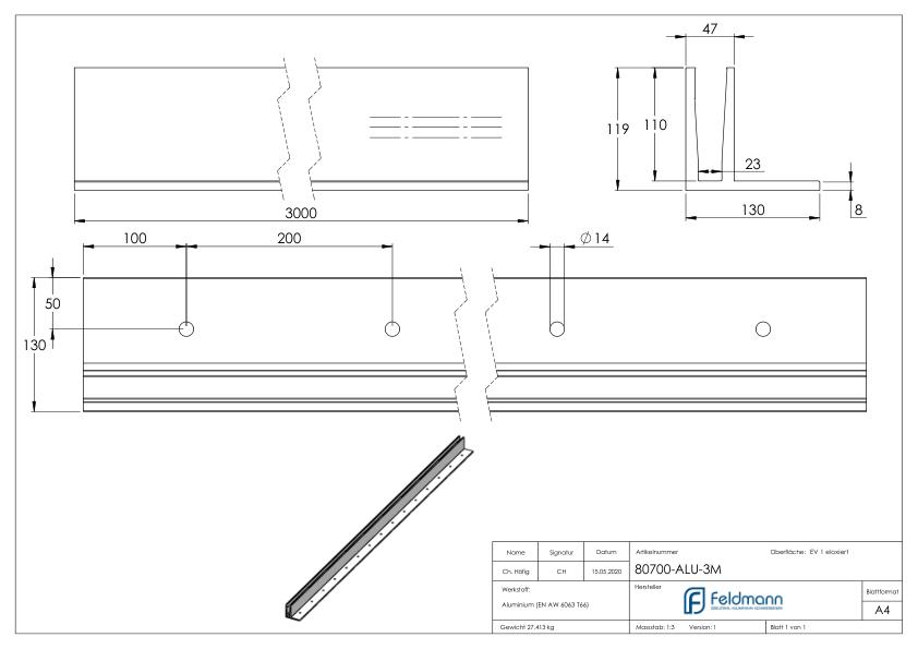 Alu-Profil ELEGANZA STRONG aufgesetzte Montage, L: 3000mm