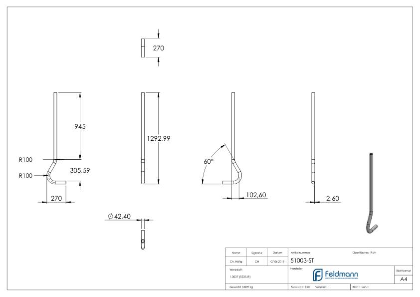 Pfosten gebogen aus Rundrohr 42,4 x 2,5mm, S235