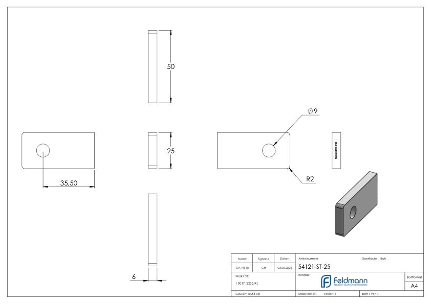 Anschweißlasche eckig 50x25x6mm